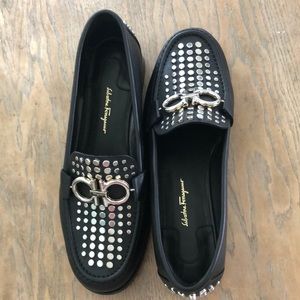 Ferragamo black loafers with silver stud enhancement,